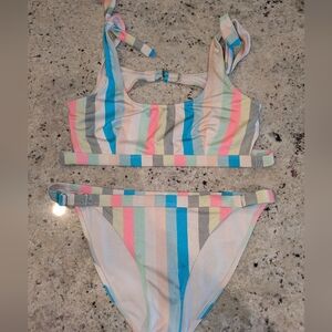 No Boundaries Pastel Striped Bikini Set Tie Shoulder Size M (7-9)